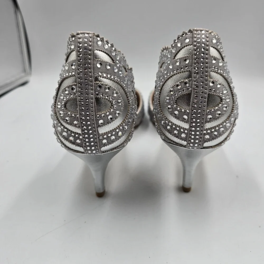 XYD Heels Women 14 D'Orsay Kitten Silver Rhinestone Laser Cut Scalloped Big Girl